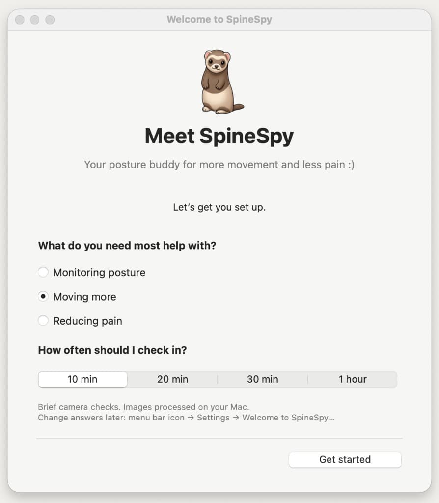 Welcome to SpineSpy. Pick what you need help with, and how often it should check in.